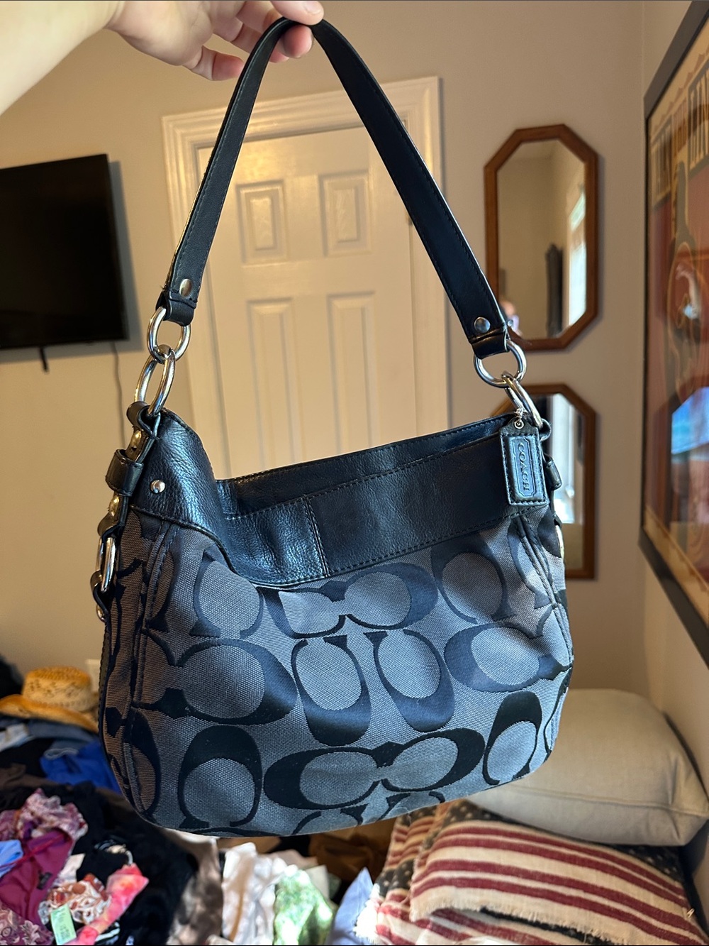 Coach Gray and Black Signature Shoulder Bag